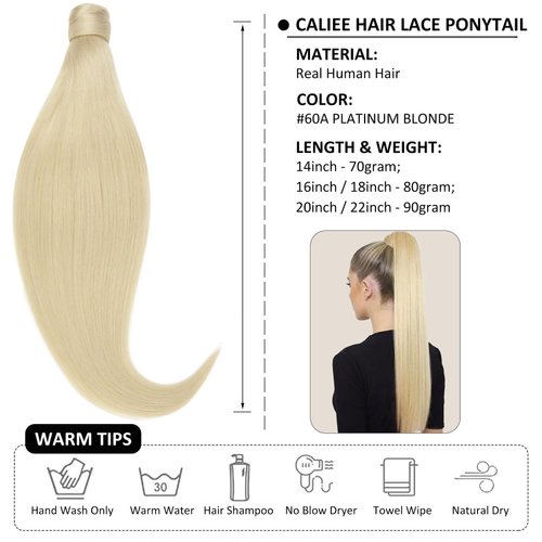 Caliee Long Ponytail Extension Real Hair 90G 22Inch 60A Platinum Blonde Hair Extensions Soft Silky Straight Clip on Wrap Around Ponytail Human Hair One Piece Hairpiece for Women