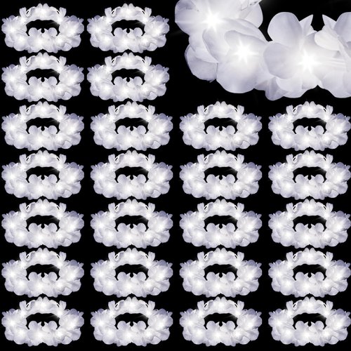 Retrowavy 24 Pcs LED Flower Crown Flower Wreath Headband Fairy Luminous Flower Girl Headpiece Light up Hair Accessories Tropical Hawaiian Accessories for Party Wedding (White)