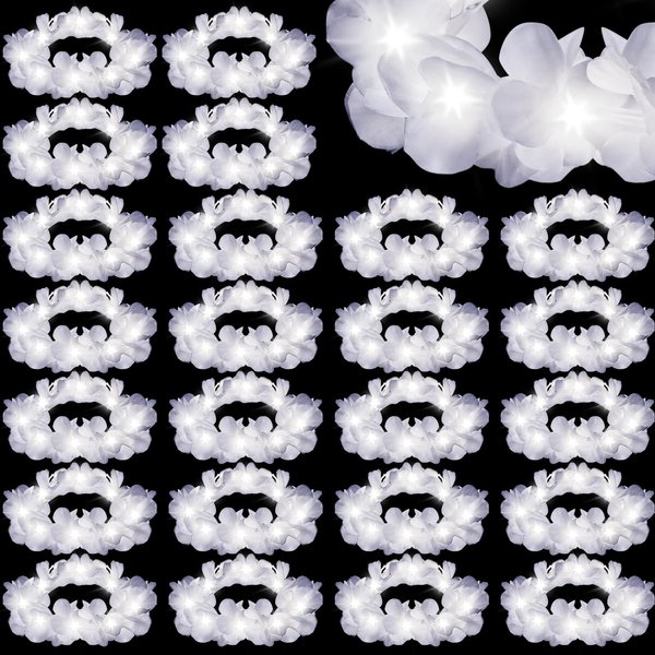Retrowavy 24 Pcs LED Flower Crown Flower Wreath Headband Fairy Luminous Flower Girl Headpiece Light up Hair Accessories Tropical Hawaiian Accessories for Party Wedding (White)