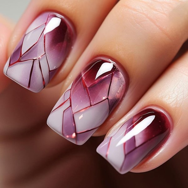 CEWEWP Square Press on Nails Medium Purple White Check Acrylic Nails Press ons European and American Fashion Fake Nails Geometrical Designs Full Cover Glossy Glue Stick on Nails for Women Girls 24 Pcs