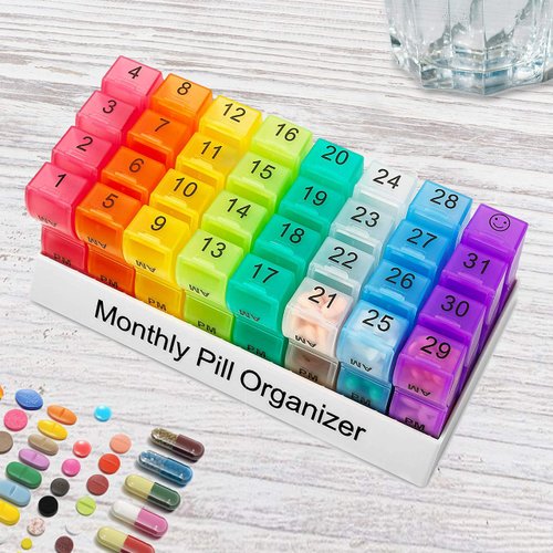 Deke Monthly pill organizer box. 32 compartments/boxes AM-PM daily pill organizer/each day.Pillbox medicine holder case dispenser. Supplement, medication, pills, vitamin. Small travel individual cases
