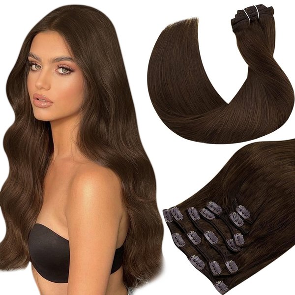Hetto Brown Clip in Hair Extensions Human Hair #4 Dark Brown Extensions Clip in Human Hair 14 Inch Straight Clip in Extensions Human Hair 105g+20g 7pcs