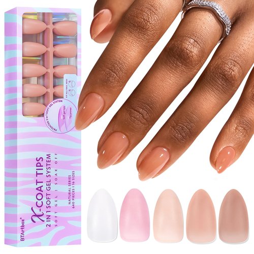 BTArtbox Short Almond Press on Nails - 5 Colors XCOATTIPS Pre-colored Soft Gel Nail Tips, 640pcs Full Cover Natural Fake Nails Extensions for Easy DIY Nail Art