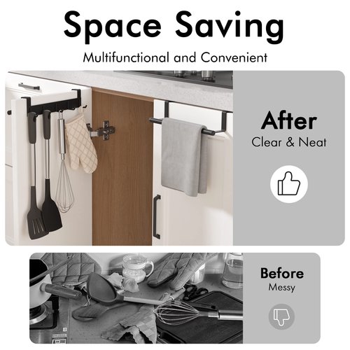 KES Over The Cabinet Door Towel Bar with Hooks, Kitchen Towel Holder with Hooks for Hanging Utensils, Over The Cabinet Door Organizer with Hook 2 Pack, Matte Black, KUR527-BK-P2