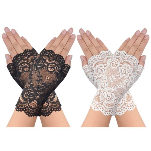 obmwang 2 Pairs Women's Lace Gloves Fingerless Floral Gloves Bridal Prom Gloves for Wedding Party Costume Accessories