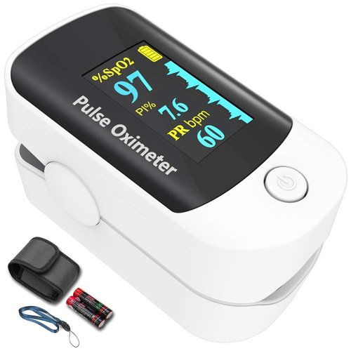 Pulse oximeter fingertip, Portable blood oxygen saturation monitor for heart rate and SpO2 level, O2 monitor finger for oxygen,Pulse Ox,Oxi Include carrying case,lanyard and batteries, Grey-White