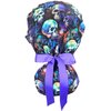 CALOMED Scrub Cap for Women and Men, Ponytail Scrub Caps, Working Hat, Head Cover with Ribbon Ties and Buttons, Long Hair (Purple Skulls)