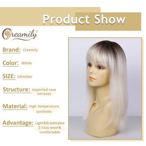 Creamily 14 Inch Short Platinum Blonde Wig for White Women Shoulder Length Straight Wigs with Bangs Dark Color Roots Hair Wigs Natural Looking Synthetic Wig Halloween Costumes Wigs for Women