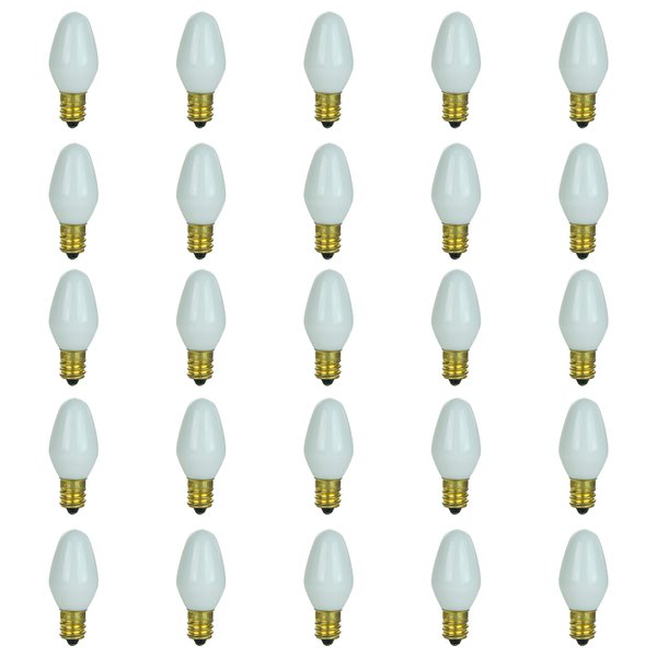 Sunlite 01285 7C7 Incandescent Bulb, 7 Watt, Candelabra E12 Base, C7 Small Night Light, Colored Bulb, White, 25 Count