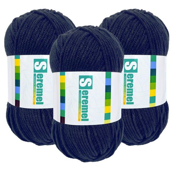 150g (3x50g) 3 Pieces of Mixed/Solid Color Crochet Knitting and Handicraft Yarn in Bulk, Fluffy and Soft, Worsted 100% Acrylic Yarn (Carbon Black)