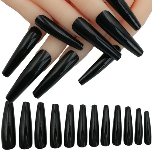 LuckForever 120pc Colored Extra Long Coffin Press on Nails XL Ballerina False Fake Nails Full Cover Artificial Nail Decor 12 Sizes for Salon and Home (Black)