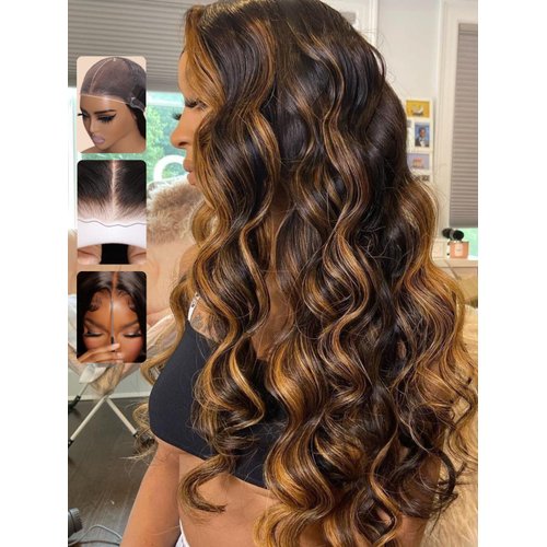 Sunber Ombre Highlight #FB30 7x5 Lace Front Glueless Human Hair Wig Balayage Wavy Pre Everything Put On Go Pre Bleached Invisible Knots 16Inch Piano Chocolate Brown 180% Density Body Wave Frontal Wigs