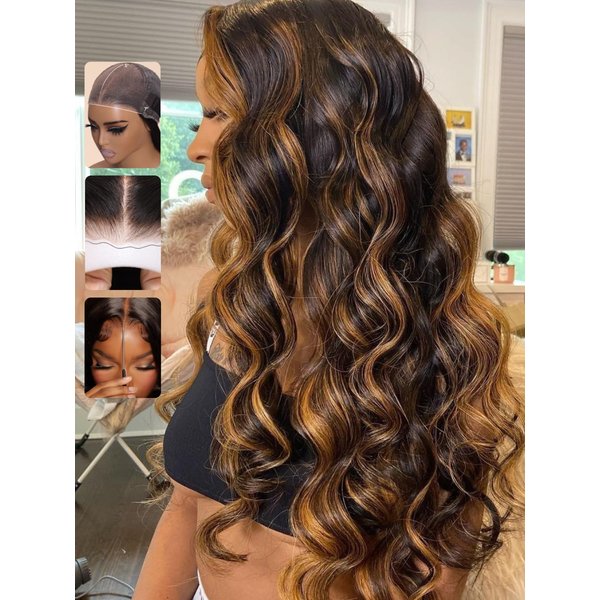 Sunber Ombre Highlight #FB30 7x5 Lace Front Glueless Human Hair Wig Balayage Wavy Pre Everything Put On Go Pre Bleached Invisible Knots 16Inch Piano Chocolate Brown 180% Density Body Wave Frontal Wigs