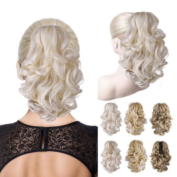 VIJIV Drawstring Ponytail Extension 12 Inch Curly Ponytail for White Women Human Hair Short Synthetic Pony Tails Hair Extensions Ponytail Claw Clip in Hair Piece for Women Updo Wig Blonde