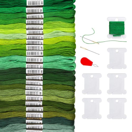 Pllieay 24 Skeins Friendship Bracelets Floss, Green Gradient Embroidery Floss, Cross Stitch Threads with 6 Floss Bobbins, 2 Embroidery Needles and 1 Needle Threader for Cross Stitch Project