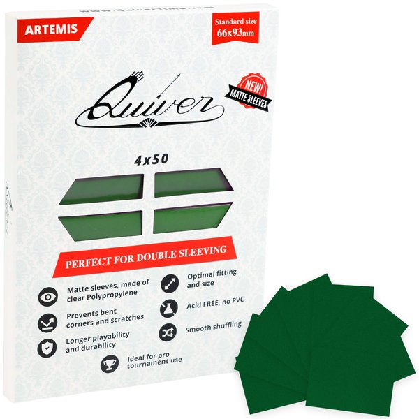 Quiver Time 200 Artemis Standard Size Green Card Sleeve Matte Deck Sleeves Card Protectors Compatible with Magic: The Gathering (MTG Card Sleeves) & Other Playing Cards (Green, 66x93mm)