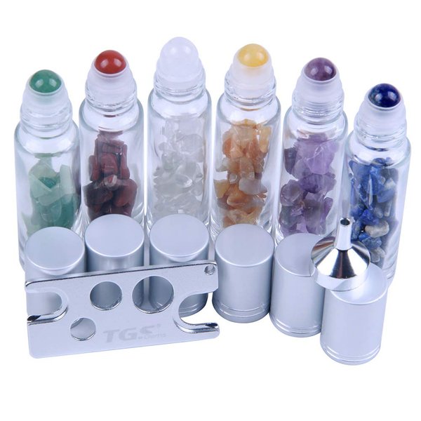 TGS Gems 10 ml Roller Balls for Essential Oils - Small Glass Roller Bottles with Decorative Tops & Mini Tumbled Gemstone Chips Inside, 6 pcs