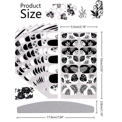 EBANKU 12 Sheets Black White Full Wraps Nail Stickers, Flower Butterfly Retro Pattern Decals French Classic Simple Self Adhesive Decals, for Girl Women Nails Art DIY Decoration