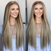 K'ryssma Blonde 13x6 Frontal Wig Highlight Blonde 13x6 Lace Front Wig Pre Plucked Glueless Long Straight Ombre Mixed Brown Synthetic Lace Front Wigs for Women with 6 Inch Deep Part 24 Inches