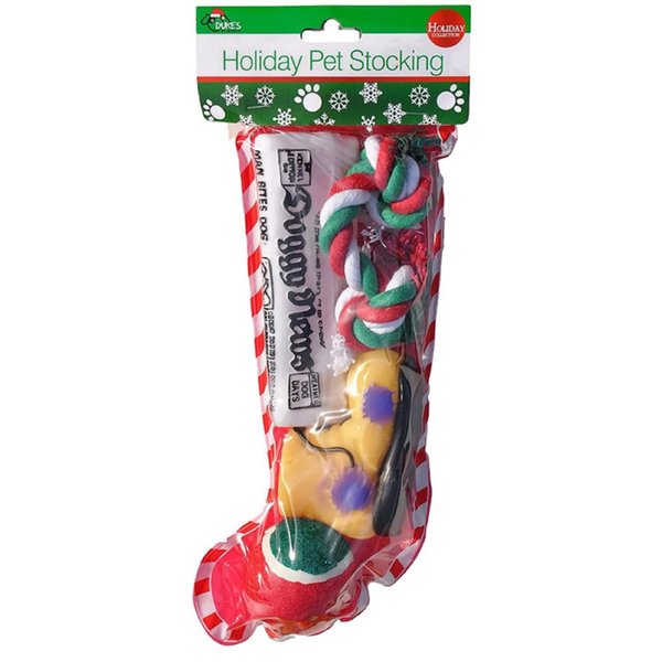 Christmas Stocking for Dogs. Squeaky newspaper / boot toy, a red, green and white tennis ball and a red, white and green cotton knotted rope.