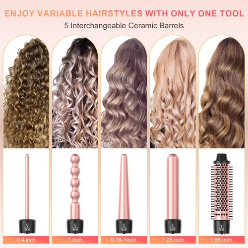 5 in 1 Curling Wand Set, Sixriver Hair Curling Iron with Curling Thermal Brush&4 Interchangeable Ceramic Curling Wand(0.4”-1.25”), Long Lasting Curls, Fast Heating Hair Wand Curler with Glove&2 Clips