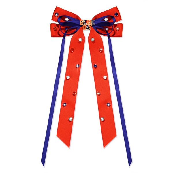 Vokone Game Day Hair Bows for Women Football Hair Bow Clip Jeweled Crystal Silky Satin Ribbon Bow Barrette Hair Clip Sports Fan Team Accessories Orange Blue