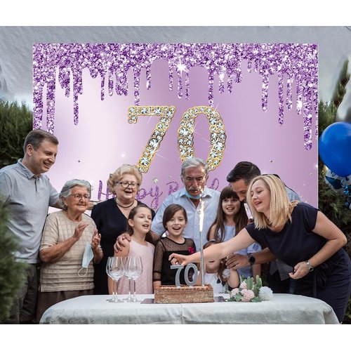 INRUI Purple Happy 70th Birthday Photography Background Girls Sweet Seventy Years Old Birthday Party Decorations Backdrop 7x5FT