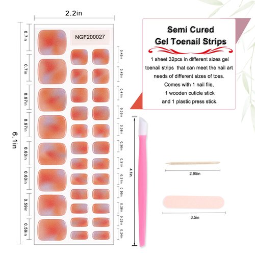 WOKOTO Semi Cured Gel Nail Strips For Toenails, 16 Size 32 Tips Gradient Design Toe Nail Polish Strips With Nail File & Wooden Stick, Works With Lamps, Salon-Quality, Long Lasting, Easy To Use
