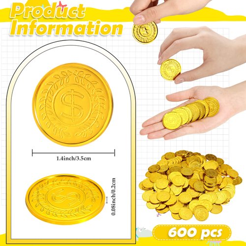 600 Pcs Pirate Gold Coins Plastic Treasure Coins Play Toy Coins Fake St. Patricks Coin for Pirate Party Favors Supplies Treasure Hunt Game Teachers Classroom Reward