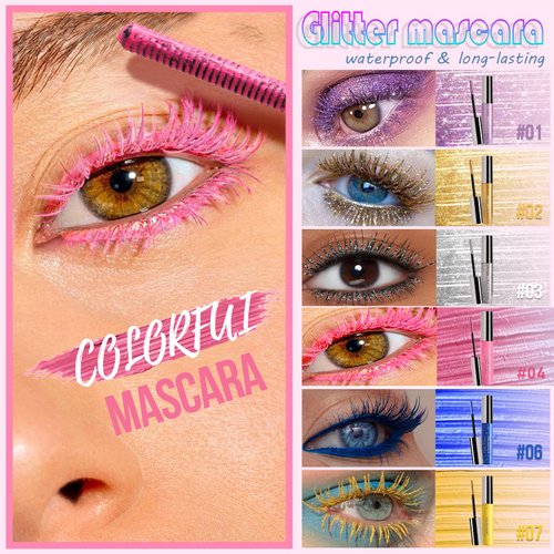 6 Colors Colorful Mascara for Eyelashes Set, Pearly Glitter Waterproof No Smudge Colored Mascara, Charming Voluminous Mascara, Halloween Christmas Eyes Makeup