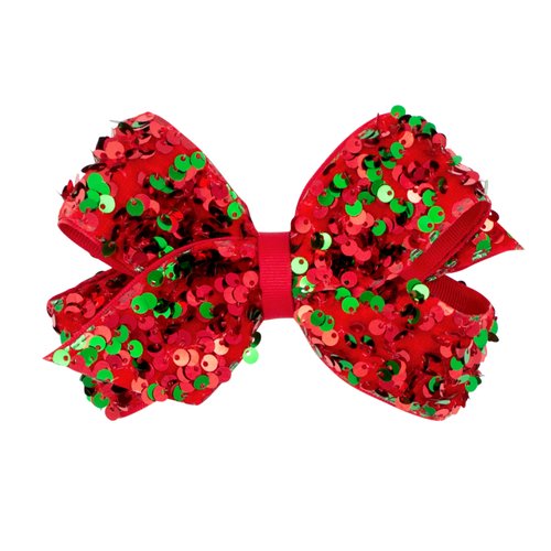 Wee Ones Girls Red and Green Velvet Sequin and Grosgrain Overlay Hair Bow, Red, Medium