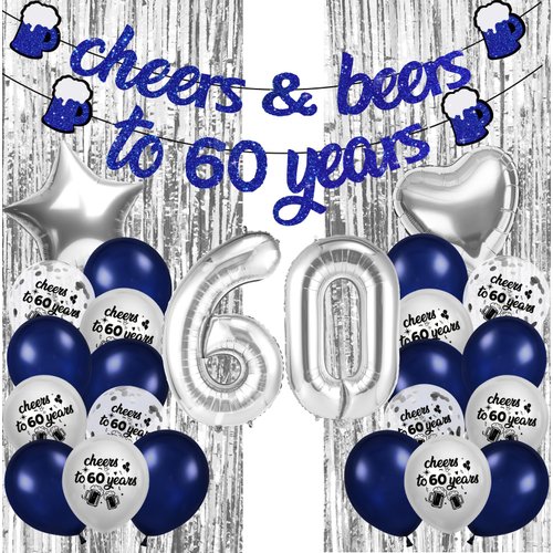 60th Birthday Decorations for Men Happy 60th Birthday Banner Navy Blue Silver 60th Birthday Party Supplies Cheer to 60 Years Banner Balloons for Women Happy 60th Birthday Door Banner Sign Decorations