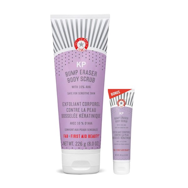 First Aid Beauty KP Bump Eraser Body Scrub Exfoliant for Keratosis Pilaris with 10% AHA – 8 oz + Bonus 1 oz Travel Size Tube
