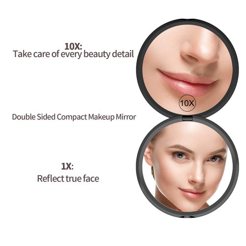 Gospire Pocket Makeup Mirror for Travel, 1X/10X Double Sided Magnifying Compact Handbag Cosmetic Mirror, 4 Inch Ultra-Thin Handheld Round Foldable Portable Mirror for Women (Black)