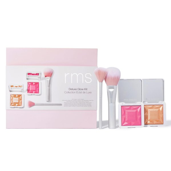 RMS Beauty Deluxe Glow Kit - Makeup Gift Set with Highlighter, Powder Blush, Blush Brush, & Fan Brush, Holiday Gift Set, Beauty Gifts for Women