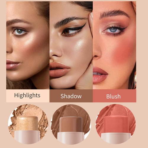 MKNZOME 3Pcs Cream Contour Stick, with Highlighter Stick Milk Bronzer Stick Blush Stick, Face Contour Stick Highlighter Makeup with Makeup Brush and Sponge, Easy to Sculpt the Face, Long Lasting