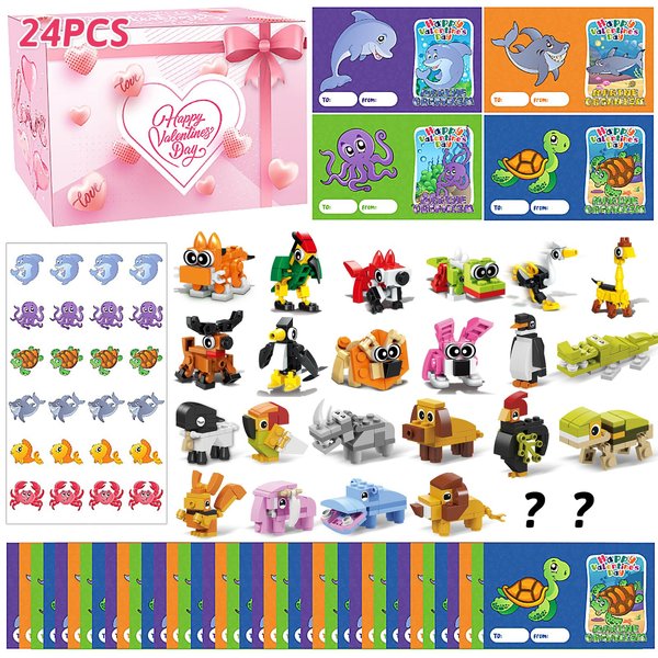 ZYLEGEN Valentines Day Gifts for Kids, 24 Packs Valentines Cards with Animals Building Blocks Set Toys for Classroom, Valentines Party Favors and School Game Exchange Gifts Favors (Animals)
