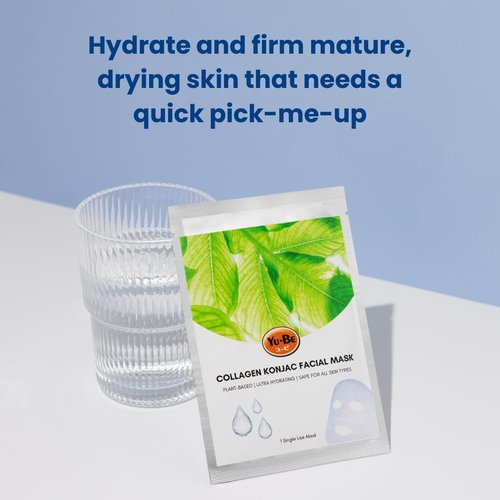 Yu-Be Facial Mask: Skin Firming Collagen | Plant-Based Konjac Sheet Mask Moisturizes, Plumps, Soothes, & Firms Mature Skin | Evens Tone & Texture | For All Skin Types | Home Spa Masks - 3 sheets