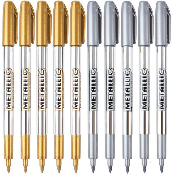 MyLifeUNIT Metallic Marker Pens, 10-Pack Metallic Gold Silver Permanent Markers, Fine Point (5 Gold 5 Silver)