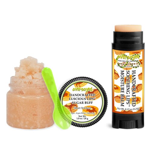 Short Stacked Soothing & Luscious Lips by OverSoyed Exfoliator & Chapped Lip Repair Lip Care Combo | Artisan Handcrafted to Order Sticky Sweet Maple Syrup Brown Sugar Vanilla Bean Flavored Exfoliating Sugar Lip Scrub & Lip Moisturizer Balm Gift Set