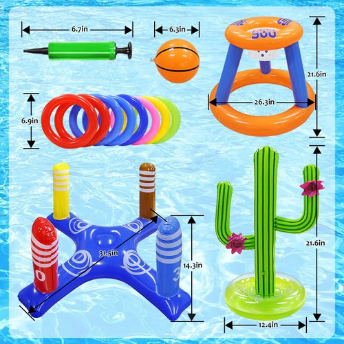 GEMLE Pool Toys Games Set of Pool Basketball Hoop Inflatable Cross Ring Toss Game and Inflatable Cactus Ring Toss Kids Pool Toys for Teens Adults and Family (3 Sets Water Toys)