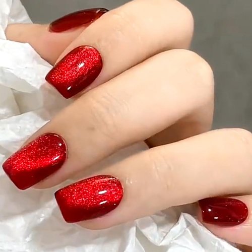 RUPOFUZA Red Press on Nails Medium Fake Nails 24Pcs Square False Nails with Sparm Cat Eye Designs Acrylic Nails Press ons Artificial Nails Stick on Nails for Women