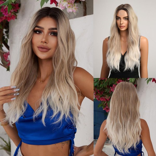 INSGOGO Long Wave Wig Small Part Lace Front Wig for Women 20 Inch Wave Natural Middle Part 150 Density Heat Resistant Synthetic Wig for Daily Uses Blonde