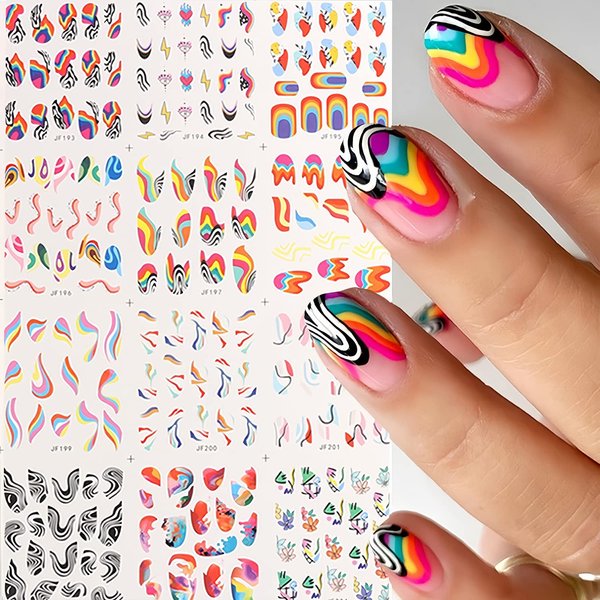 12 Sheets French Nail Art Stickers Decals Colorful Stripes Lines Irregular Geometric Water Transfer Nail Stickers 3D French Abstract Nail Decals Nail Art Supplies for Women Girls DIY Acrylic Nails