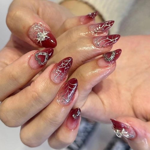 24 Pcs Ombre Red Press on Nails Short Almond - SHANRUN Halloween Fake Nails Press ons Nail Art Tips Glue on Nails Full Cover Acrylic False Nails with 3D Heart Spider Web Charms Design Stick on Nails