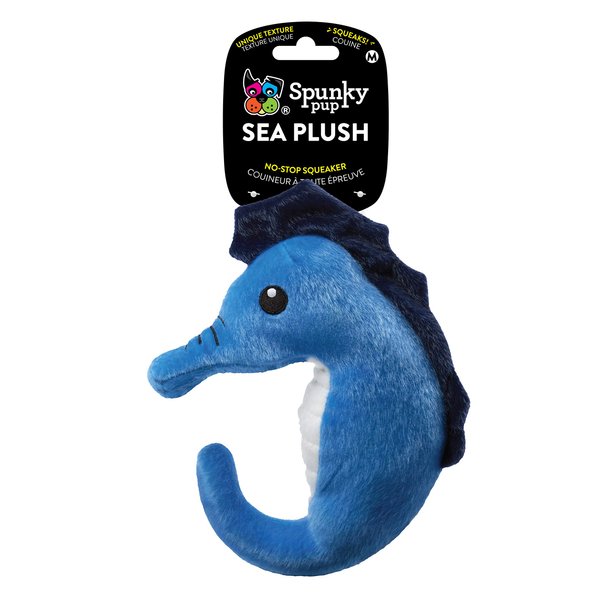 Spunky Pup Sea Plush Dog Toy | Furry, Squeaky & Floatable Dog Toy | Medium Seahorse