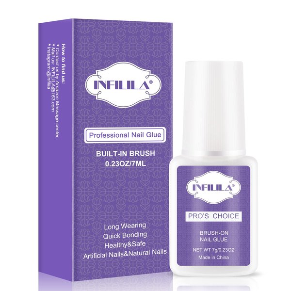 NXJ INFILILA Nail Glue, Professional Brush On Nail Glue, Nail Glue for Acylic Nails, Nail Glue for Press On Nails Fasle Nails Fake Nails Tips Glue Adhesive Long Lasting 7ML/0.23OZ