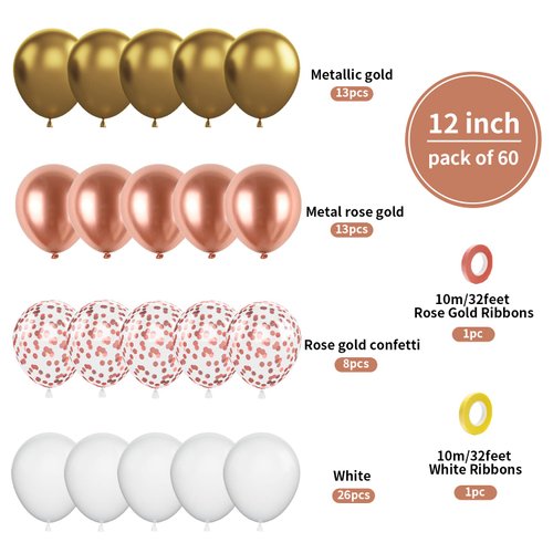 Biapian Rose Gold Balloons Set, 60PCS Rose Gold and Gold Birthday Balloons, 12 Inch Metallic Gold White Latex Balloons Rose Gold Confetti Balloons for Girls Women Birthday Baby Shower Wedding Supplies