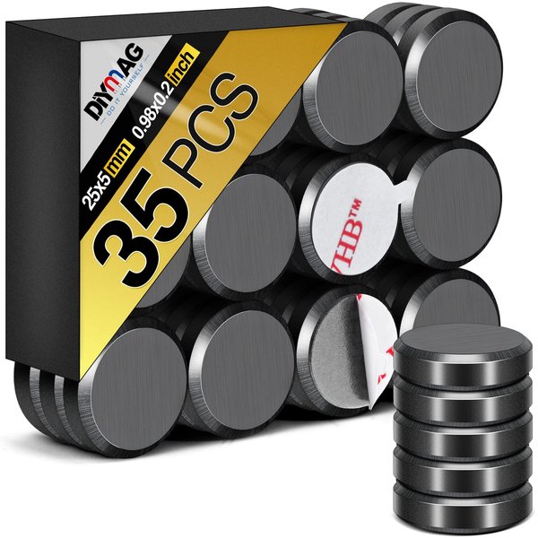 DIYMAG Ceramic Round Magnets for Crafts 35 Packs with Adhesive Backing. 0.98Inch (25mm) Small Magnets Perfect for Fridge, DIY, Building, Scientific, Craft, and Office.（0.98 * 0.2Inch-35p）