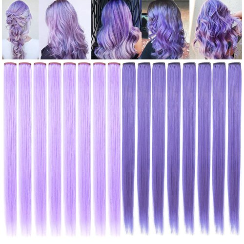 IAMERUI Multi-colors Party Highlights Straight Hair Colorful Clip in Synthetic Hair Extensions in Multiple Colors Heat Resistant Long Hairpiece 14 PCS (Lavender Light Purple)